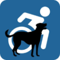 The active disability symbol shows the wheelchair user leaning forward. Placed in front in another shade of dark blue is the silhouette of a dog with attentive body language.