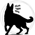 a silhouette of a German shepherd in motion with lines representing a bark