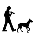 A silhouette of a person and a dog. with the person wearing a helmet and holding a flashlight in motion with a dog leading the way.